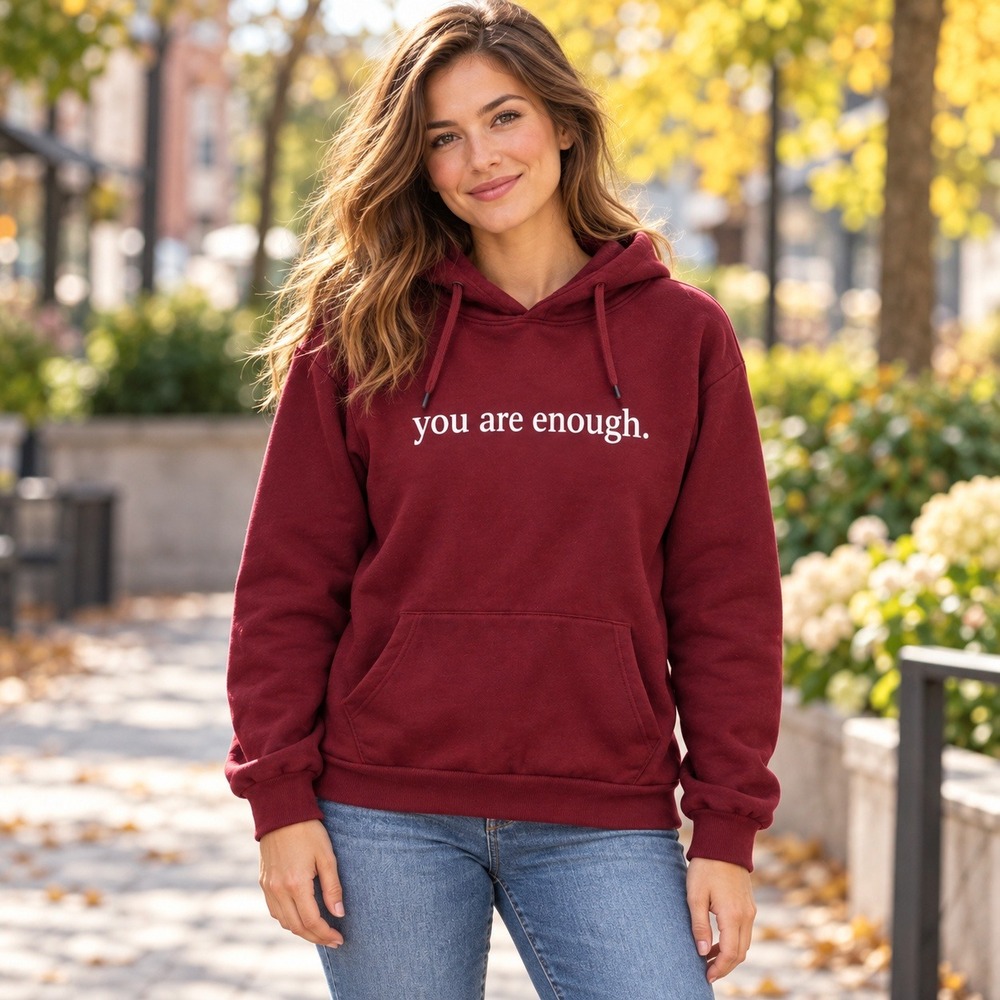 Womens Burgundy You Are Enough Graphic Hoodie Mental Health Sweatshirt Medium